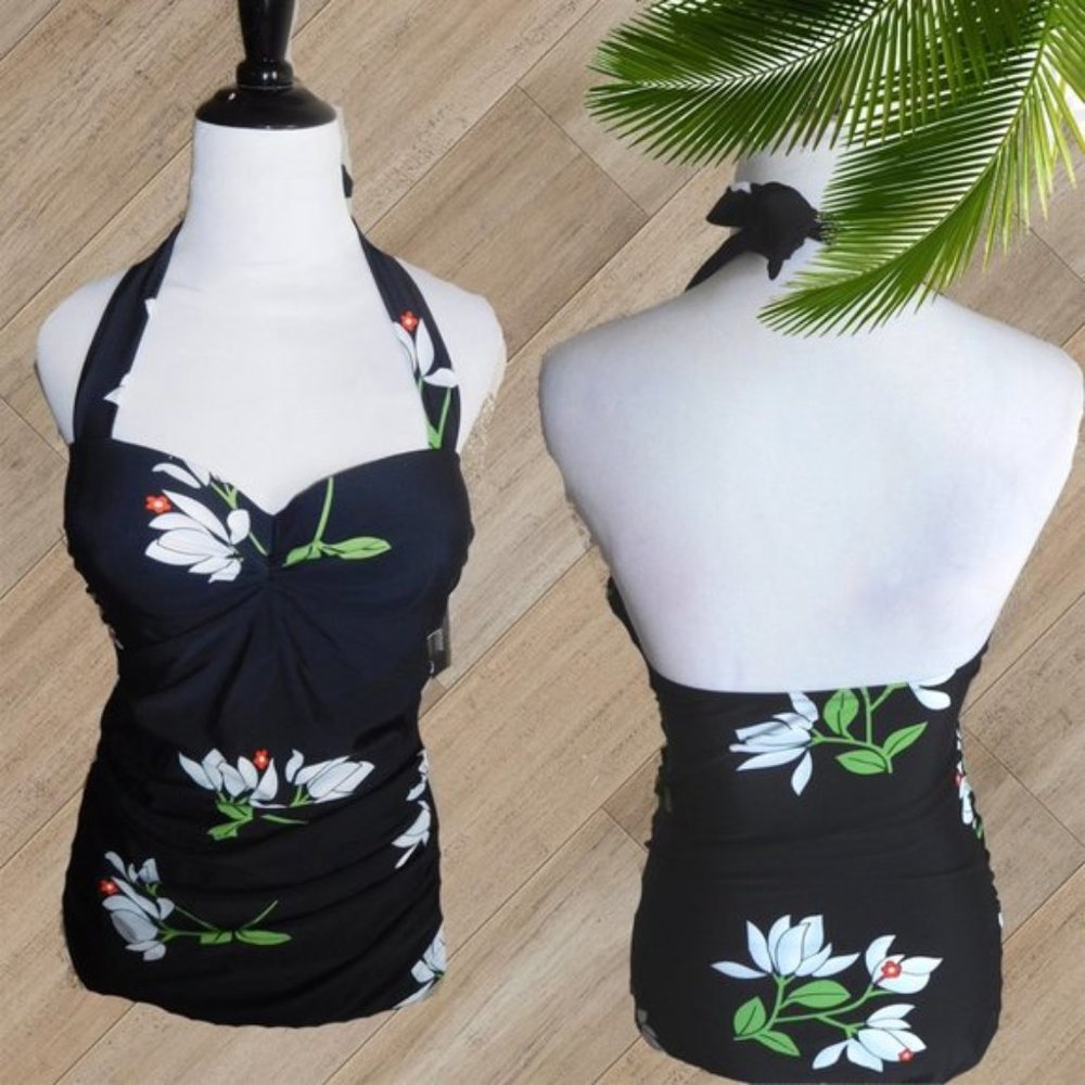 UNIQUE & CLASSIC BLACK FLORAL HALTER ONE PIECE SWIMSUIT